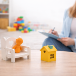 Ambiente terapêutico infantil com elementos simbólicos que representam acolhimento emocional, escuta clínica e desenvolvimento psíquico na infância.