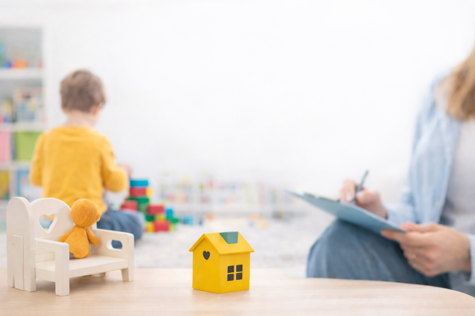 Ambiente terapêutico infantil com elementos simbólicos que representam acolhimento emocional, escuta clínica e desenvolvimento psíquico da criança.