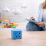 Ambiente terapêutico infantil com elementos simbólicos que representam escuta emocional, acolhimento e expressão dos sentimentos na infância.