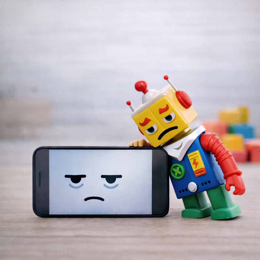 Representação simbólica do impacto do uso excessivo de telas na infância, destacando a relação entre tecnologia, vínculo emocional e desenvolvimento psíquico da criança.