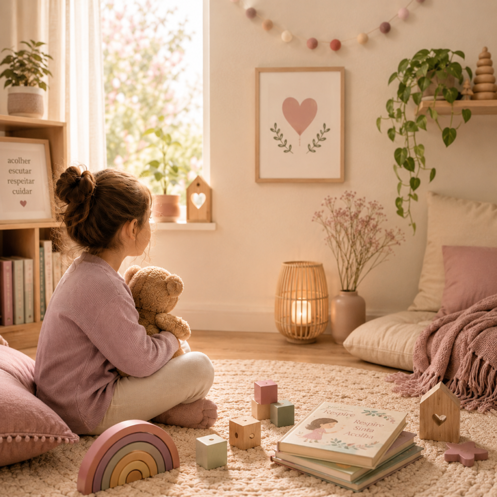 Ambiente acolhedor infantil que representa segurança emocional, escuta e desenvolvimento saudável na infância
